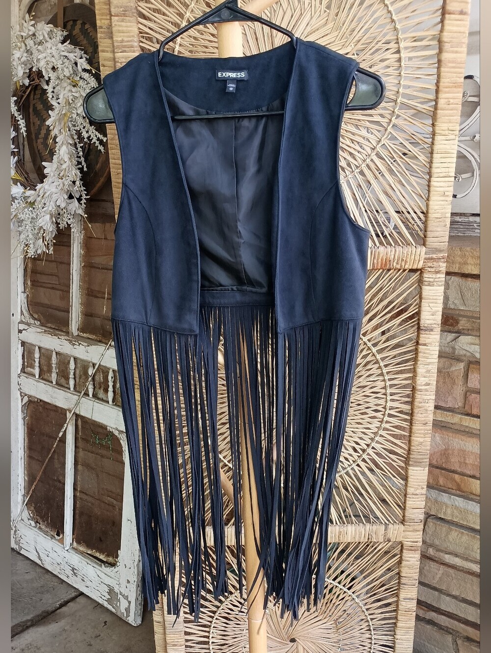 Express Black Faux Suede Vest with Fringe_XS